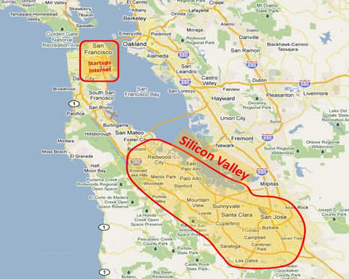 Źródło: expeditieaarde.blogspot.com. Lokalizacja Doliny Krzemowej w regionie Zatoki San Francisco.
