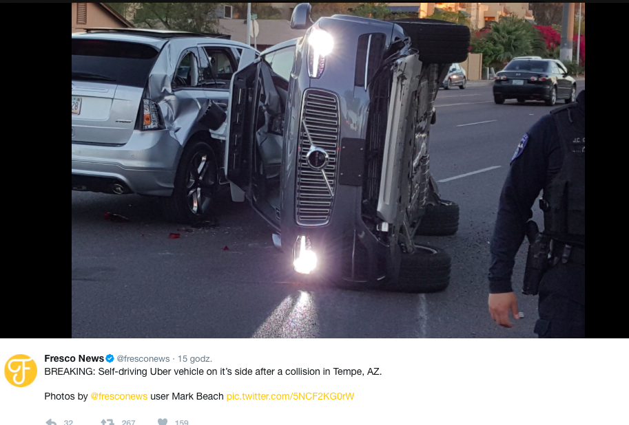 Wypadek z udziałem autonomicznego samochodu Ubera