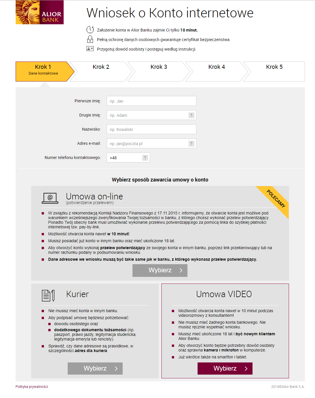 Alior Bank - wniosek o założenie konta wideoweryfikacja.