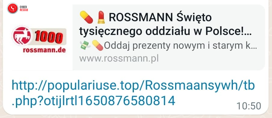 Wygrana w konkursie Rossmanna? CyberRescue ostrzega przed fałszywymi wiadomościami na Whatsapp!