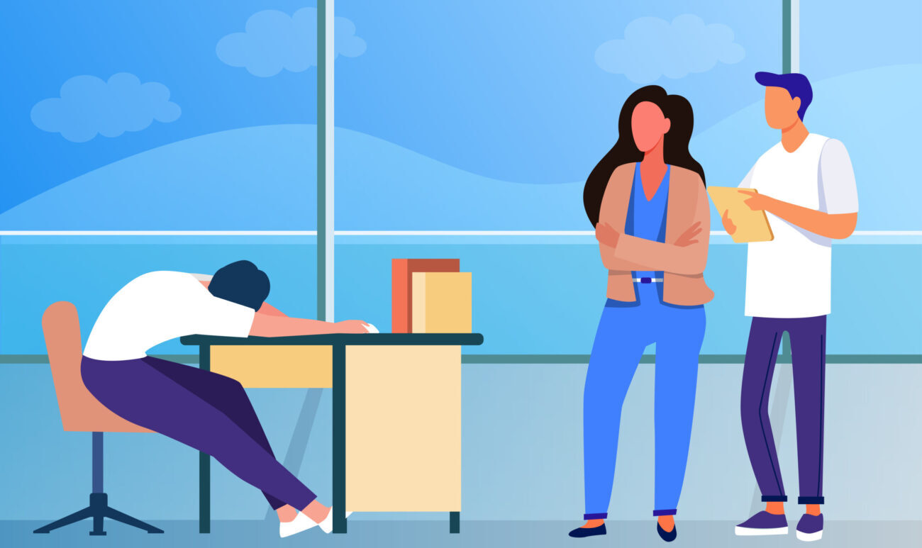 Two office workers looking at sleepy colleagues. Exhausted employee sleeping at workplace flat vector illustration. Lazy worker, burnout concept for banner, website design or landing web page